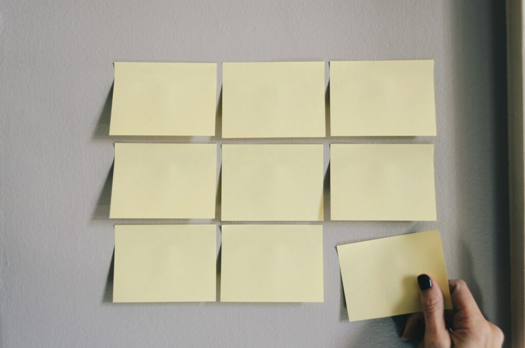 six white sticky notes, planning content